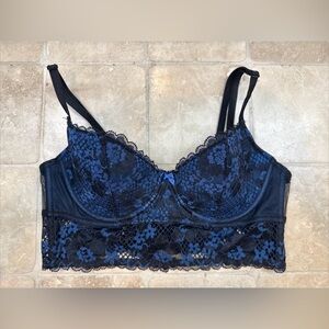 Adore Me 34C Bra Floral Lace Demi Longline Underwire Back Closure Blue Black